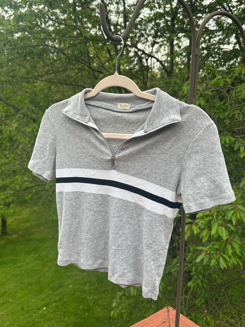 Brandy Melville Gray Half-Zip Polo with White and Navy Stripes